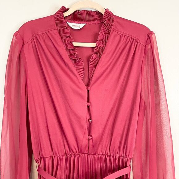 Montgomery Ward Maroon Sheer Ruffled Belted Button Pleated Midi Dress Size L/XL - Picture 4 of 9